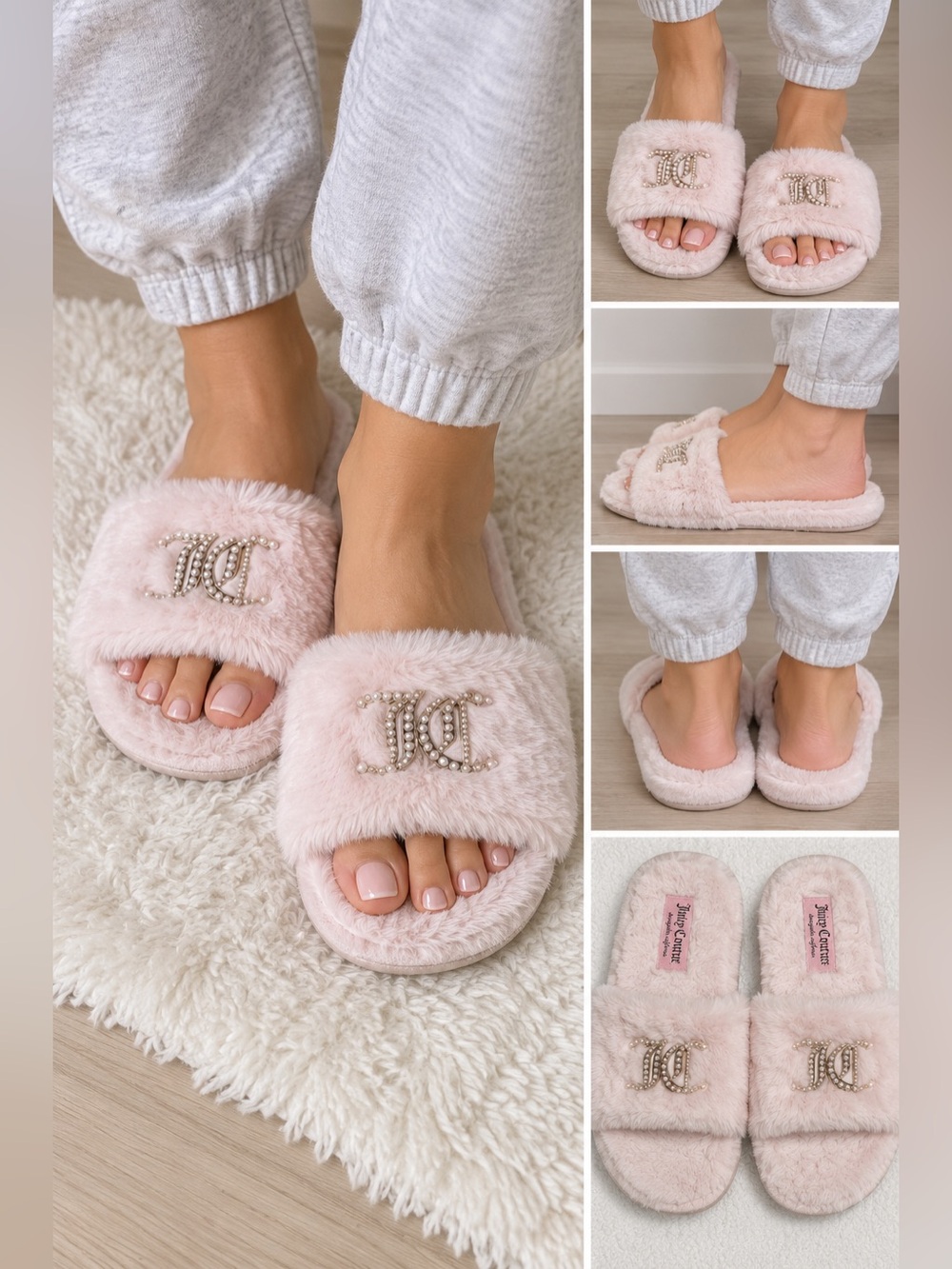 Juicy Couture Pink Faux Fur Pearl Logo Slide Slippers M 6.5–7.5